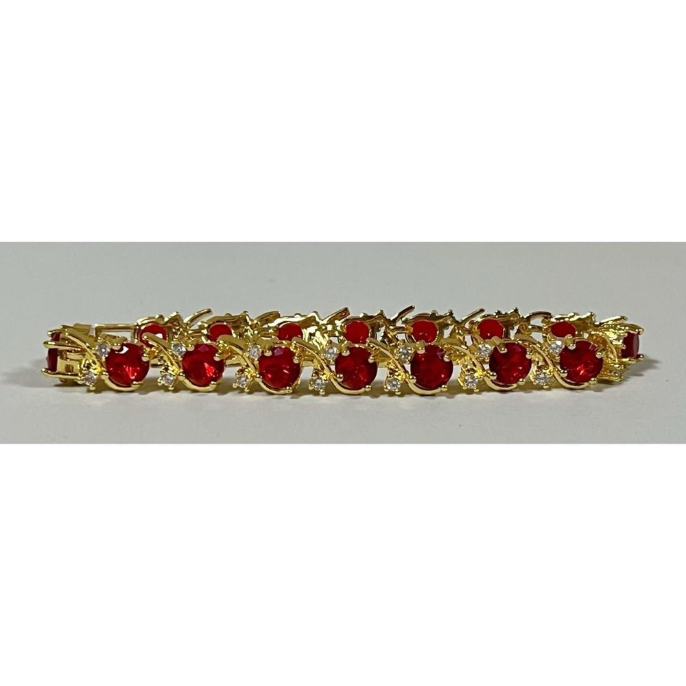 Gold Red Round Ruby Diamond Gemstone  Tennis Bracelet Jewelry — Length: 7 in.♥️✨
